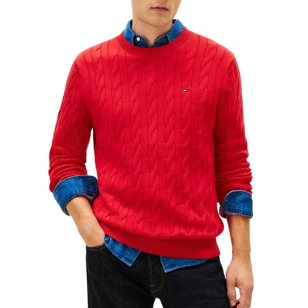 Tommy Hilfiger Cable Knit Crewneck Sweater Red Pullover Men's Large Preppy